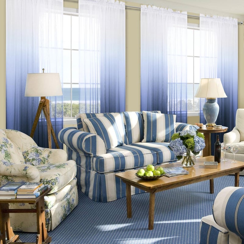 KOUFALL Navy and White Curtains for Living Room Set 2 Panels Rod Pocket Window Ombre Coastal Sheer Curtains for Bedroom Masculine Man's Cave Teen Boys Room Decor Man Christmas 52 x 84 Inches Long Dark Blue - Image 2